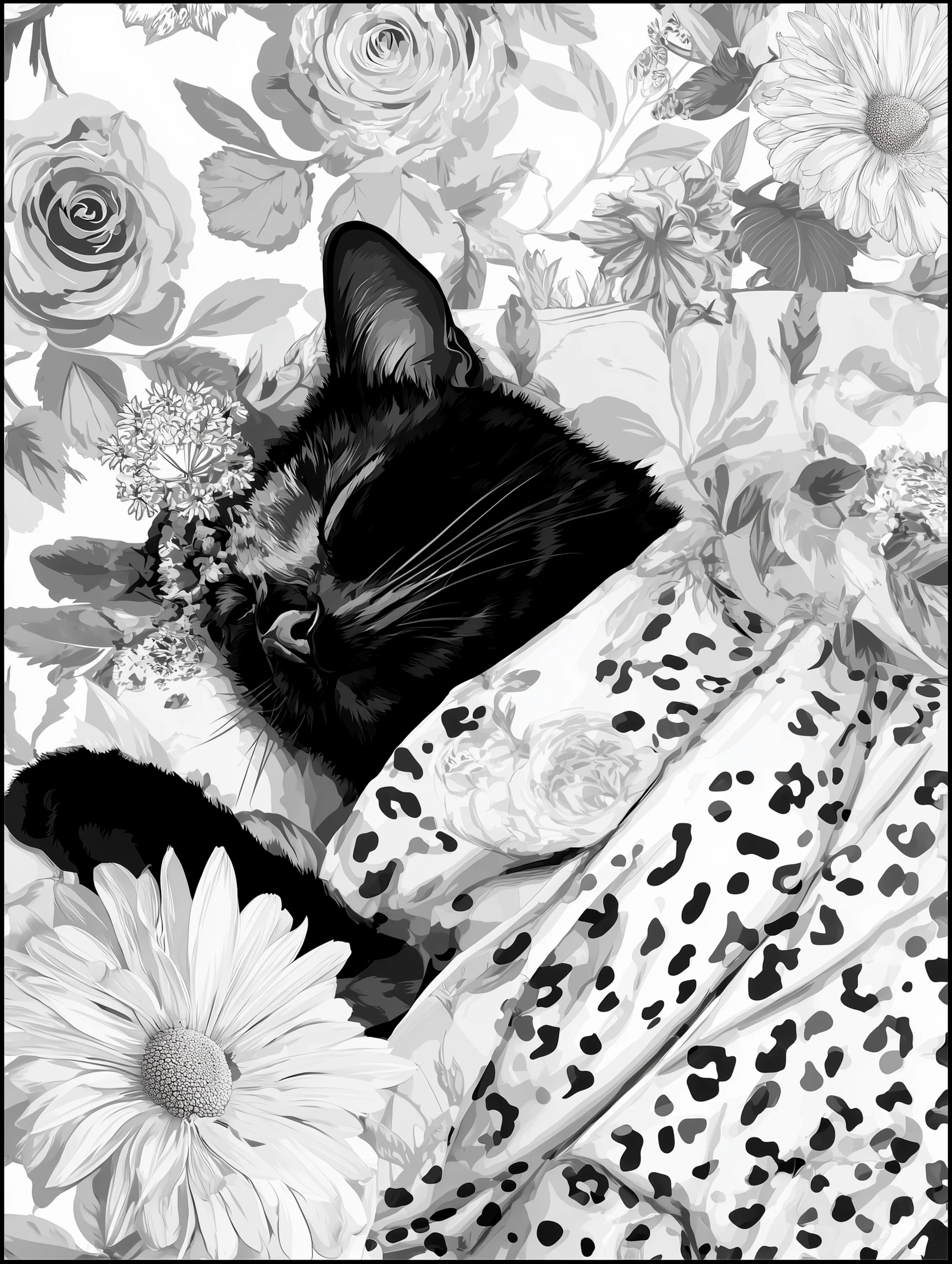 Free printable black cat coloring page for adults featuring leopard blanket with sleeping black cat